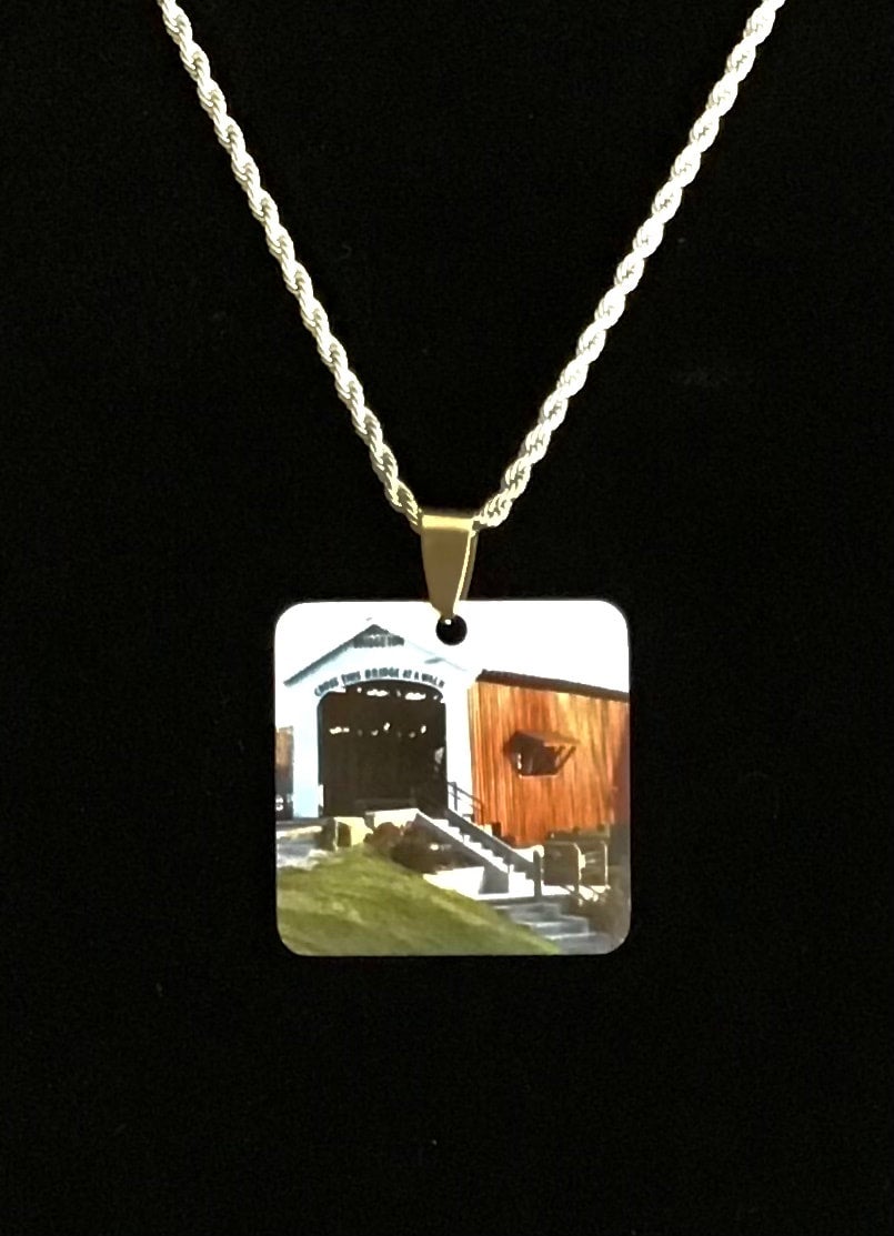 Covered Bridge Necklace Treasure Chest/ABZ Engraving